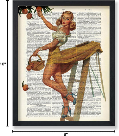 Dictionary Art Poster - Retro Pin-Up Girl Print - Picking Peaches Art - Gift for Her, Women - Classic Wall Decor for Kitchen, Restaurant, Bedroom, Office - 8x10 UNFRAMED Wall Art