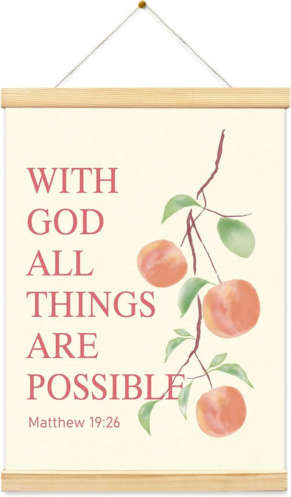 Pink Peach Fruits Wall Art Decor Posters, Pink Peach Christian Room Bathroom Bedroom Dorm Wall Art Decor Aesthetic for College Teen Girls Gifts, Inspirational Bible Verses Wall Decor, Canvas Hanging Poster Framed 12x16 Inch