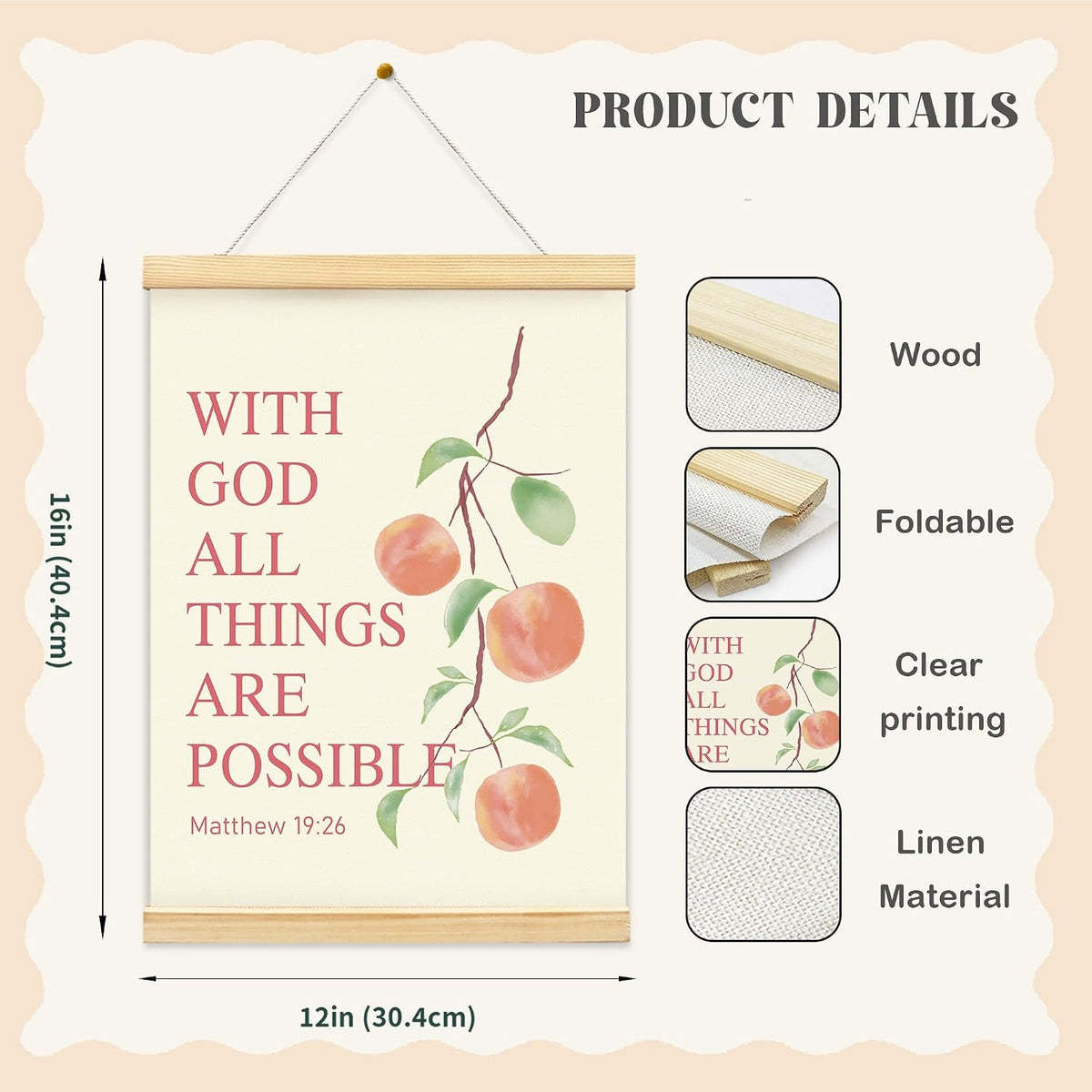 Pink Peach Fruits Wall Art Decor Posters, Pink Peach Christian Room Bathroom Bedroom Dorm Wall Art Decor Aesthetic for College Teen Girls Gifts, Inspirational Bible Verses Wall Decor, Canvas Hanging Poster Framed 12x16 Inch