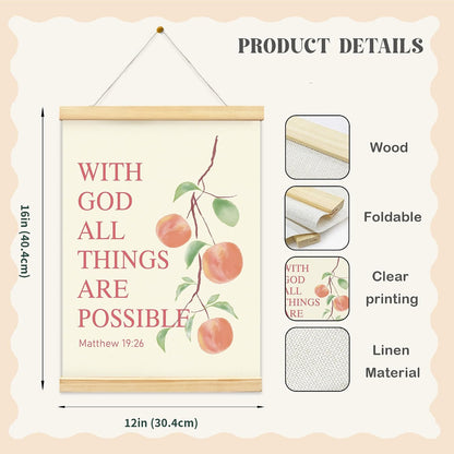 Pink Peach Fruits Wall Art Decor Posters, Pink Peach Christian Room Bathroom Bedroom Dorm Wall Art Decor Aesthetic for College Teen Girls Gifts, Inspirational Bible Verses Wall Decor, Canvas Hanging Poster Framed 12x16 Inch
