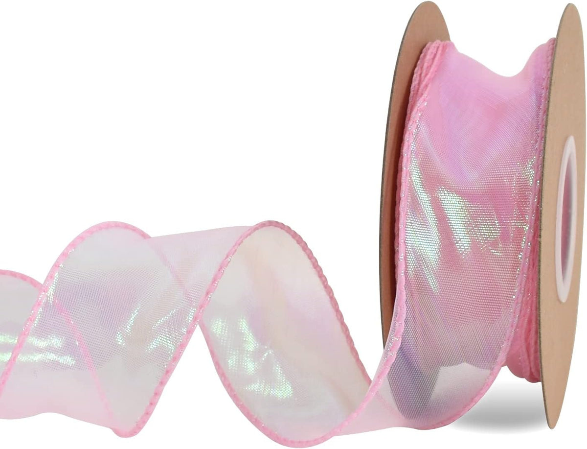 1-1/2 Inch Wide Laser Pink Wired Chiffon Ribbon Shimmer Sheer Organza Ribbons for Crafts Floral Bouquets Wedding Party Decorations Valentine's Day Gift Wrapping Bow Making Wreaths (10yd)