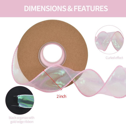 1-1/2 Inch Wide Laser Pink Wired Chiffon Ribbon Shimmer Sheer Organza Ribbons for Crafts Floral Bouquets Wedding Party Decorations Valentine's Day Gift Wrapping Bow Making Wreaths (10yd)