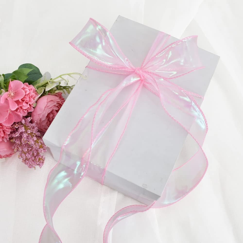1-1/2 Inch Wide Laser Pink Wired Chiffon Ribbon Shimmer Sheer Organza Ribbons for Crafts Floral Bouquets Wedding Party Decorations Valentine's Day Gift Wrapping Bow Making Wreaths (10yd)