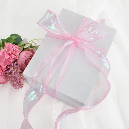 1-1/2 Inch Wide Laser Pink Wired Chiffon Ribbon Shimmer Sheer Organza Ribbons for Crafts Floral Bouquets Wedding Party Decorations Valentine's Day Gift Wrapping Bow Making Wreaths (10yd)