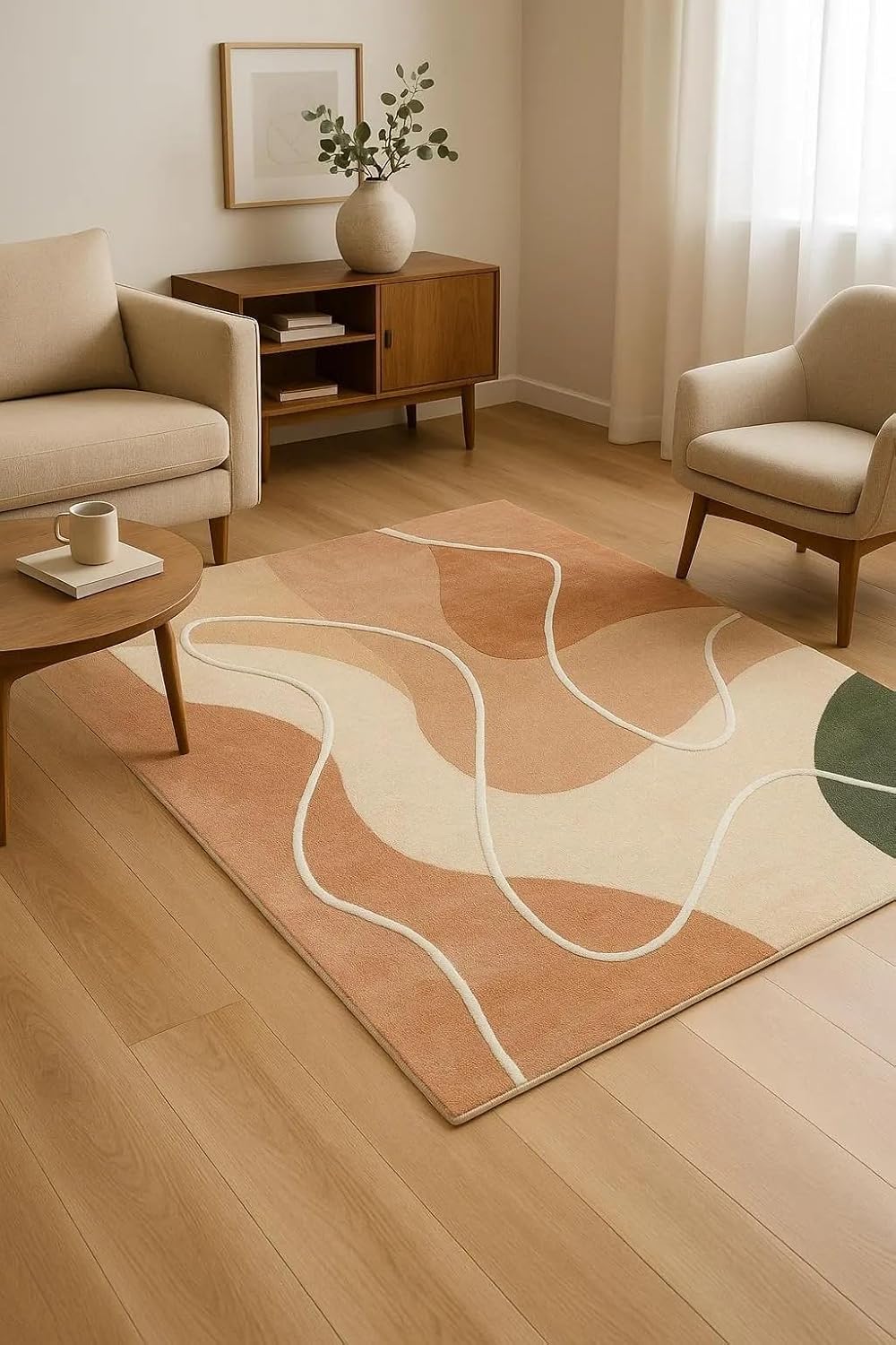 Hand Tufted Wool Area Rug, Modern Abstract Curved Line Rug, Soft Handmade Durable High Traffic Carpet for Living Room Bedroom Office (Peach, 4X6 Ft)