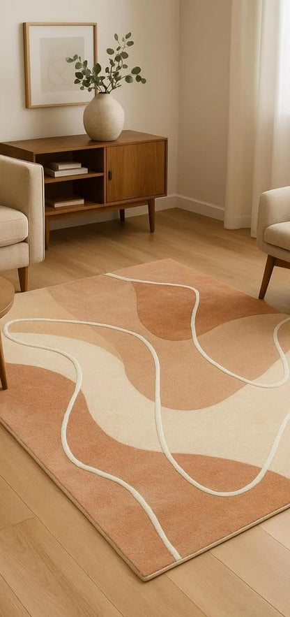 Hand Tufted Wool Area Rug, Modern Abstract Curved Line Rug, Soft Handmade Durable High Traffic Carpet for Living Room Bedroom Office (Peach, 4X6 Ft)