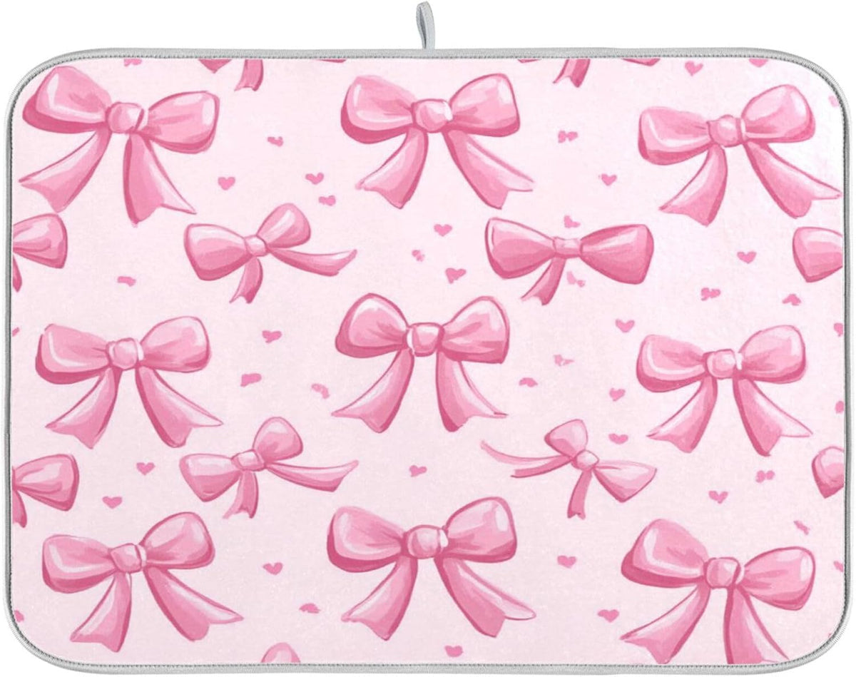 Pink Bows Dish Drying Mat Kitchen Counter Mat Draining Mat Kitchen Accessories Dish Rack Pad for Dishes, Utensils, Countertops, Sinks 18x24in