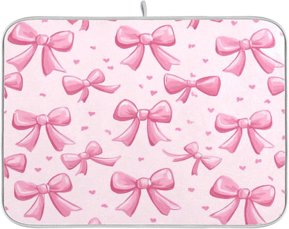 Pink Bows Dish Drying Mat Kitchen Counter Mat Draining Mat Kitchen Accessories Dish Rack Pad for Dishes, Utensils, Countertops, Sinks 18x24in