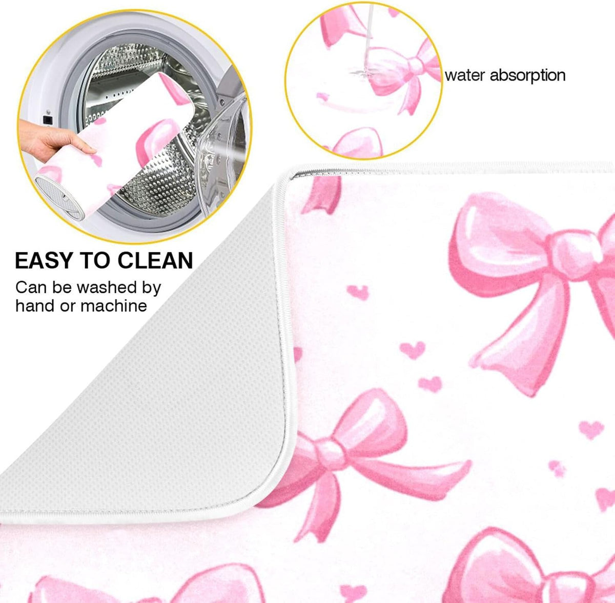 Pink Bows Dish Drying Mat Kitchen Counter Mat Draining Mat Kitchen Accessories Dish Rack Pad for Dishes, Utensils, Countertops, Sinks 18x24in