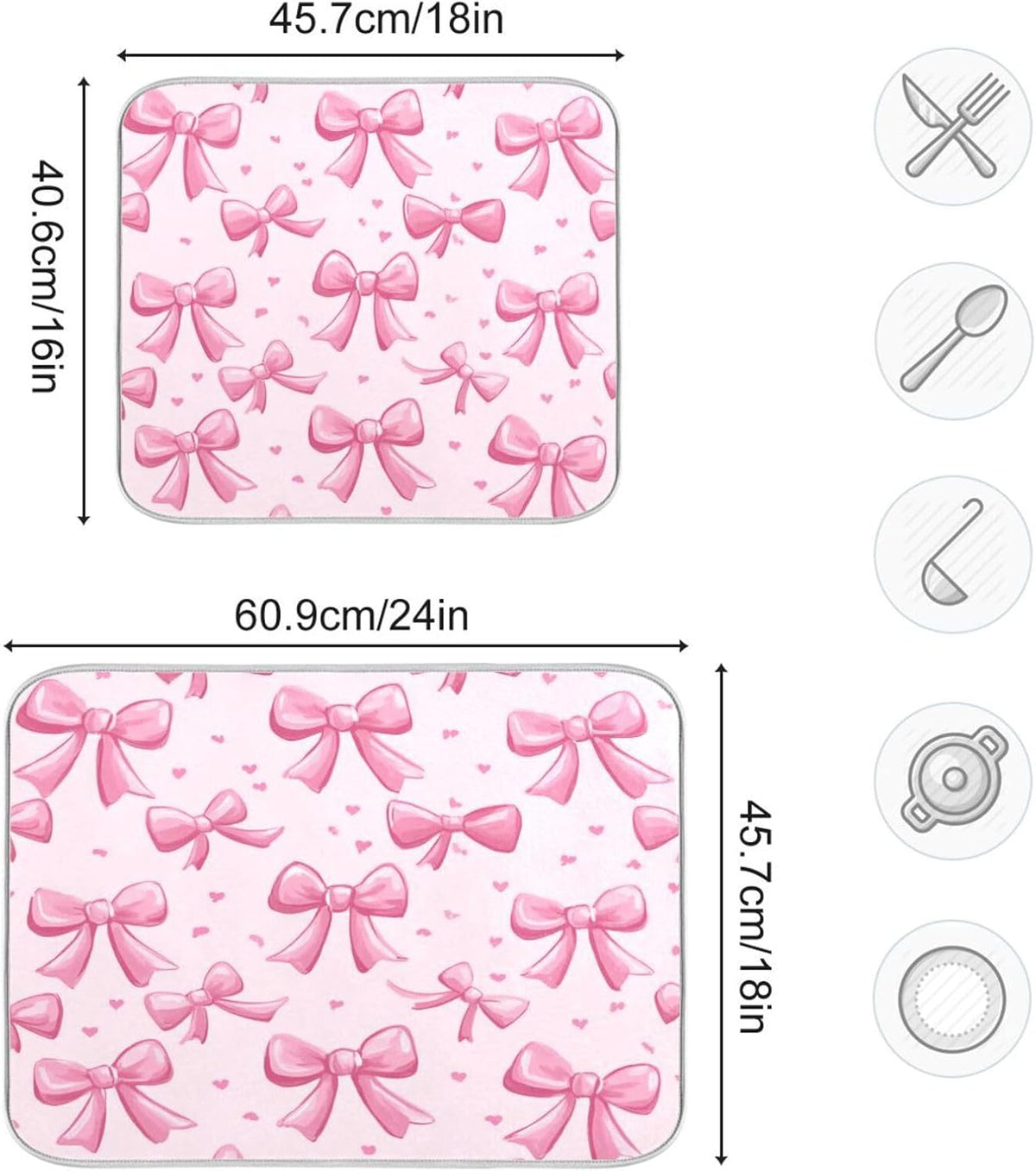Pink Bows Dish Drying Mat Kitchen Counter Mat Draining Mat Kitchen Accessories Dish Rack Pad for Dishes, Utensils, Countertops, Sinks 18x24in