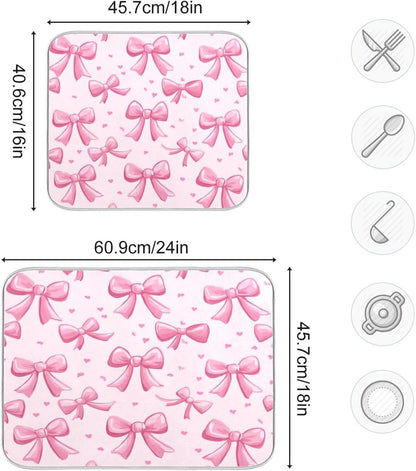 Pink Bows Dish Drying Mat Kitchen Counter Mat Draining Mat Kitchen Accessories Dish Rack Pad for Dishes, Utensils, Countertops, Sinks 18x24in