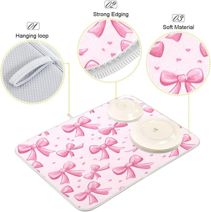 Pink Bows Dish Drying Mat Kitchen Counter Mat Draining Mat Kitchen Accessories Dish Rack Pad for Dishes, Utensils, Countertops, Sinks 18x24in