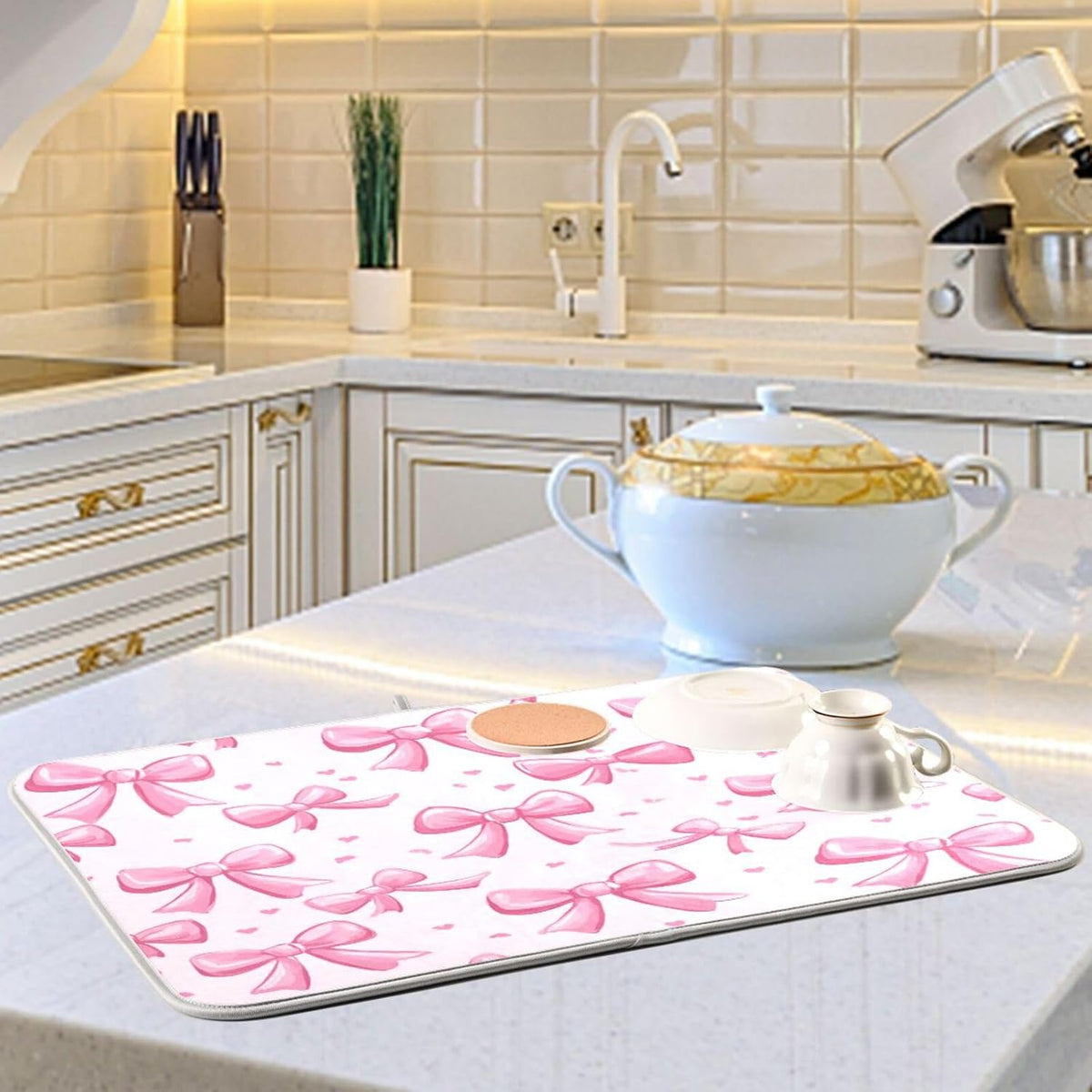 Pink Bows Dish Drying Mat Kitchen Counter Mat Draining Mat Kitchen Accessories Dish Rack Pad for Dishes, Utensils, Countertops, Sinks 18x24in