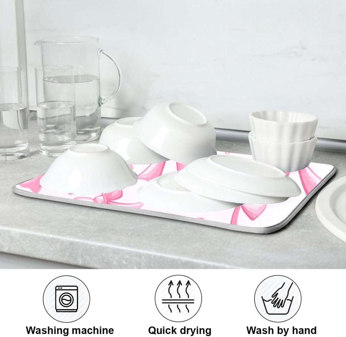 Pink Bows Dish Drying Mat Kitchen Counter Mat Draining Mat Kitchen Accessories Dish Rack Pad for Dishes, Utensils, Countertops, Sinks 18x24in