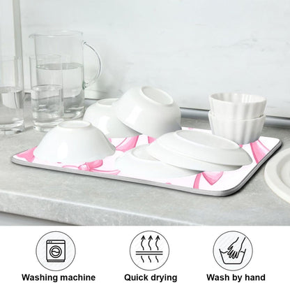 Pink Bows Dish Drying Mat Kitchen Counter Mat Draining Mat Kitchen Accessories Dish Rack Pad for Dishes, Utensils, Countertops, Sinks 18x24in