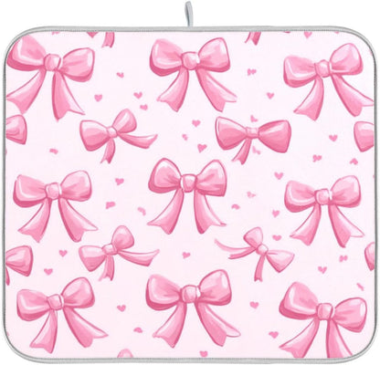 Pink Bows Dish Drying Mat Kitchen Counter Mat Draining Mat Kitchen Accessories Dish Rack Pad for Dishes, Utensils, Countertops, Sinks 18x24in