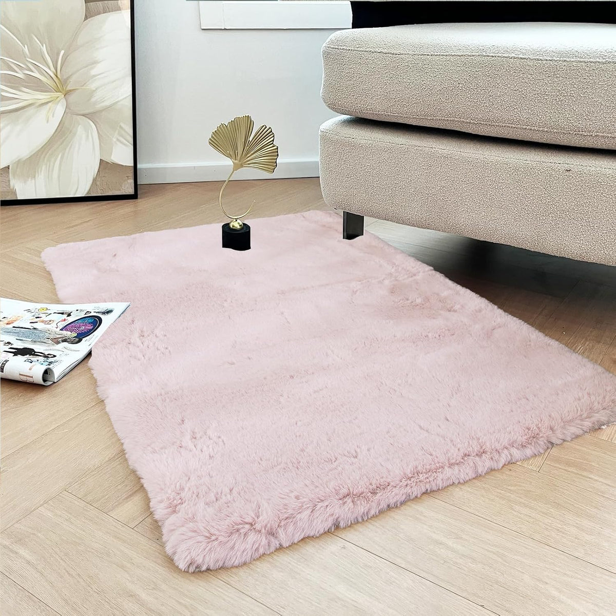 Light Pink Small Faux Rabbit Rug 2x3 Washable Furry Rugs Soft Fluffy Non-Slip Throw Rug for Living Room, Bedroom, Nursery, Chair Seat Cover and Dorm