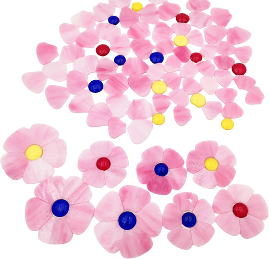 20PCS Glass Flower Mosaic Tiles, 2 Size Petal Stained Glass Mosaic Pieces for DIY Flower Crafts Home Decoration, Indoor & Outdoor Decor (Pink)