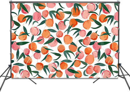 Peach Backdrop 7x5ft Allover Fruits Baby Shower Birthday Background Party Decorations Peach Wall Paper Dessert Table Cloth Banner Photo Booth Props