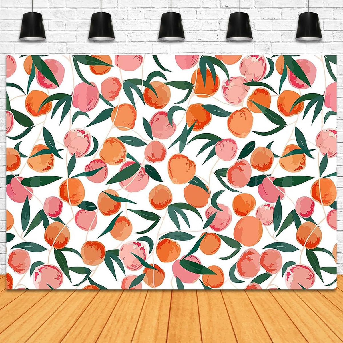 Peach Backdrop 7x5ft Allover Fruits Baby Shower Birthday Background Party Decorations Peach Wall Paper Dessert Table Cloth Banner Photo Booth Props