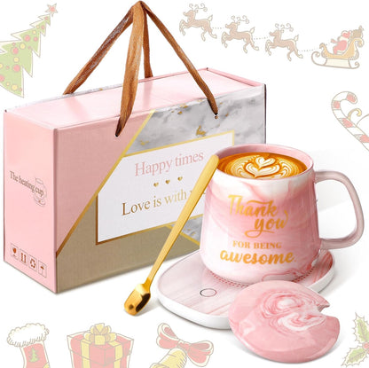 Thank You Coffee Warmer with Mug Set for Women Thank You for Being Awsome Pink Marble Mug Warming Set Employee Appreciation Gifts Birthday Gift for Coworker Volunteer Teacher
