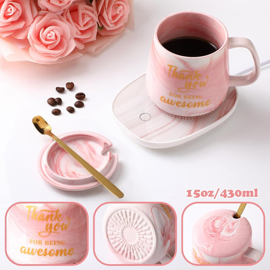 Thank You Coffee Warmer with Mug Set for Women Thank You for Being Awsome Pink Marble Mug Warming Set Employee Appreciation Gifts Birthday Gift for Coworker Volunteer Teacher