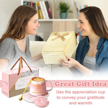 Thank You Coffee Warmer with Mug Set for Women Thank You for Being Awsome Pink Marble Mug Warming Set Employee Appreciation Gifts Birthday Gift for Coworker Volunteer Teacher