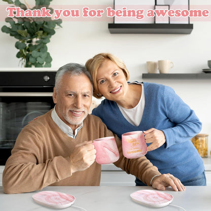 Thank You Coffee Warmer with Mug Set for Women Thank You for Being Awsome Pink Marble Mug Warming Set Employee Appreciation Gifts Birthday Gift for Coworker Volunteer Teacher