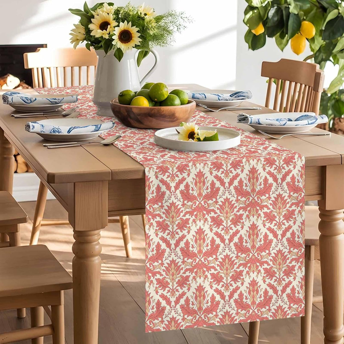 Pink Baroque Pattern Cotton Linen Table Runner Vintage European Style Table Runners for Dinning Table Kitchen,Wedding,Holiday Party 13x72in