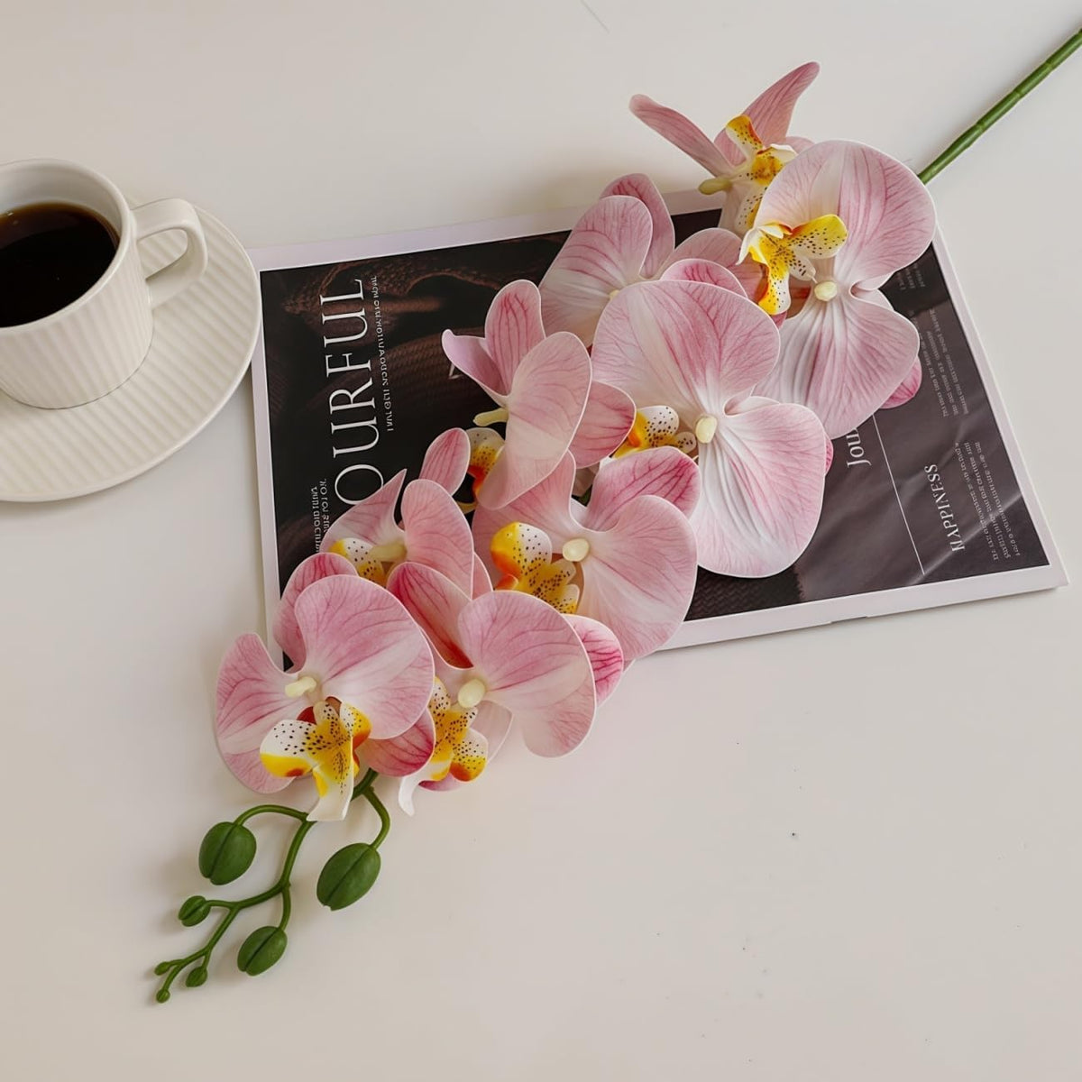 37.4 Inch Real Touch Faux Orchid, 9 Flower Single Stem, 2 Pcs(Light Pink)
