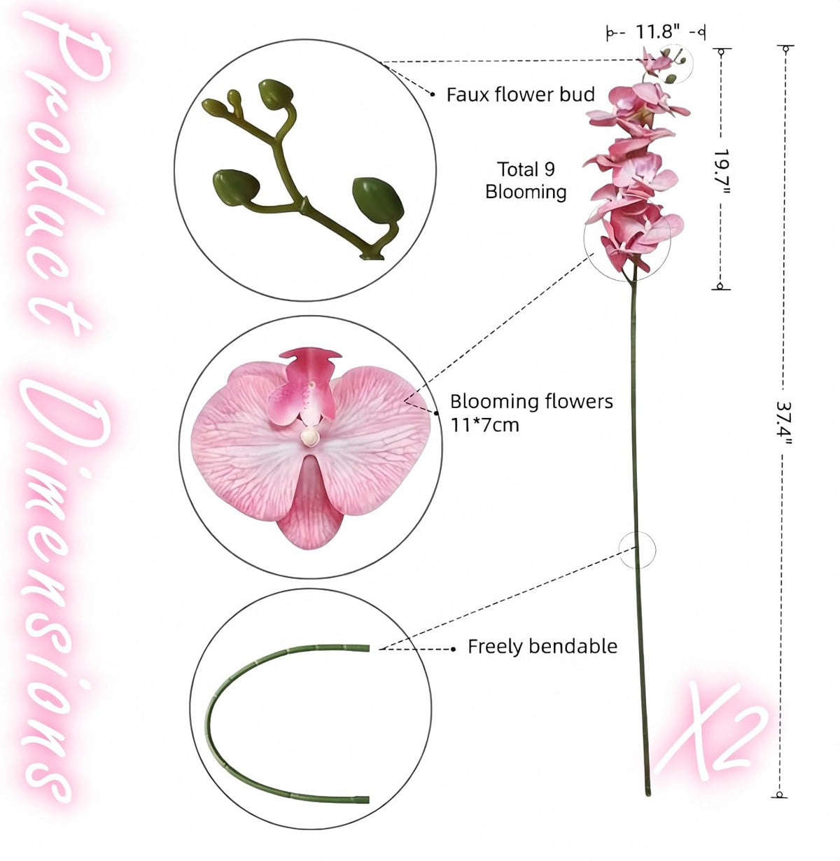 37.4 Inch Real Touch Faux Orchid, 9 Flower Single Stem, 2 Pcs(Light Pink)