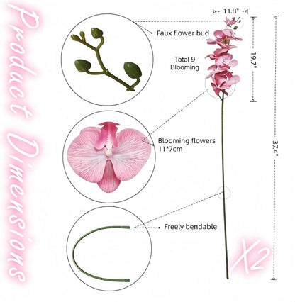 37.4 Inch Real Touch Faux Orchid, 9 Flower Single Stem, 2 Pcs(Light Pink)