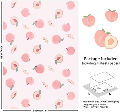 Peach Wrapping Paper - Fruit Print on Pink Gift Wrap Paper, 4 Sheet Fresh Peaches Design For Women Men Baby Shower Summer Holiday Birthday Gift Wrap - (4-Sheets, 1-Designs: 15 sq. ft. ttl)