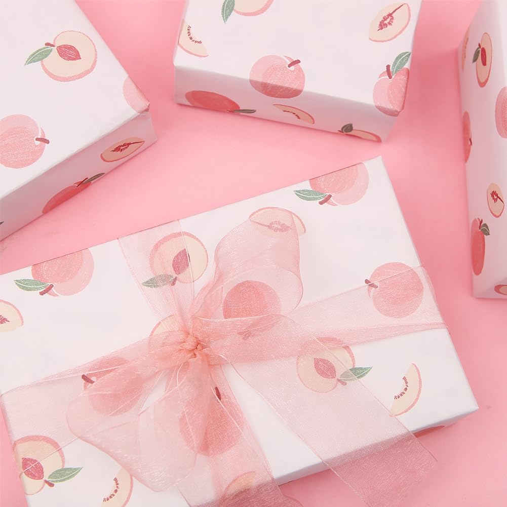 Peach Wrapping Paper - Fruit Print on Pink Gift Wrap Paper, 4 Sheet Fresh Peaches Design For Women Men Baby Shower Summer Holiday Birthday Gift Wrap - (4-Sheets, 1-Designs: 15 sq. ft. ttl)