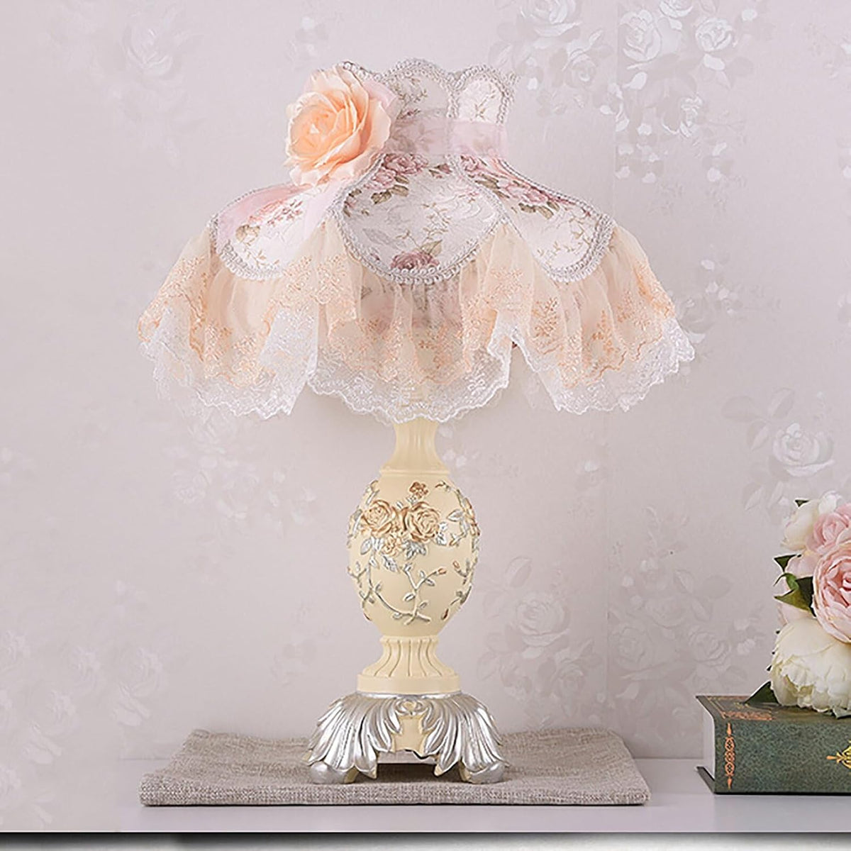 Pink Victorian Style Table Lamp,European Style Pastoral Desk Lamp with Fabric Shade,Antique Flower Decorative Bedside Table Light with Button Switch for Bedroom Livingroom