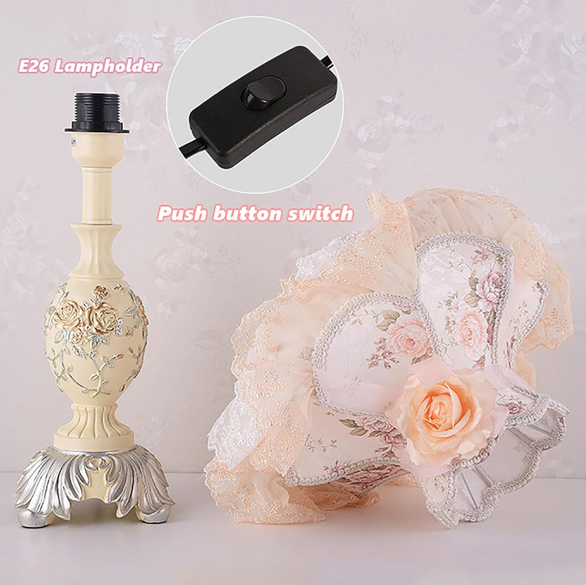 Pink Victorian Style Table Lamp,European Style Pastoral Desk Lamp with Fabric Shade,Antique Flower Decorative Bedside Table Light with Button Switch for Bedroom Livingroom