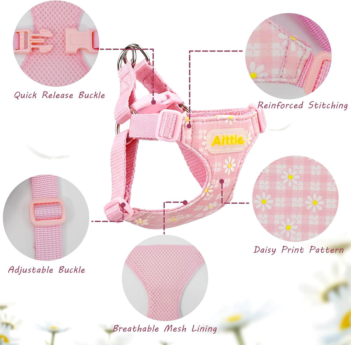 AIITLE Small Dog Harness and Leash Set No-Pull Adjustable Vest, Pink S