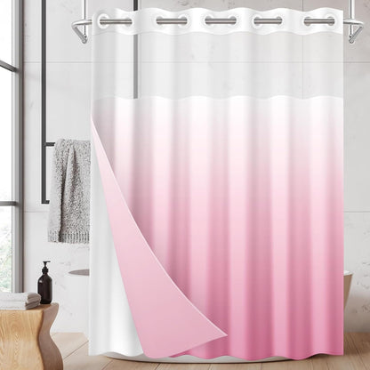 No Hook Shower Curtain with Snap in Liner 71x74 Inch Ombre Pink