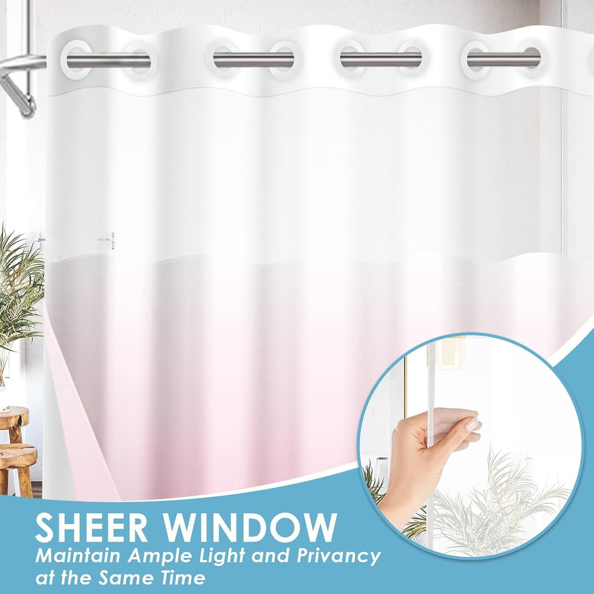 No Hook Shower Curtain with Snap in Liner 71x74 Inch Ombre Pink