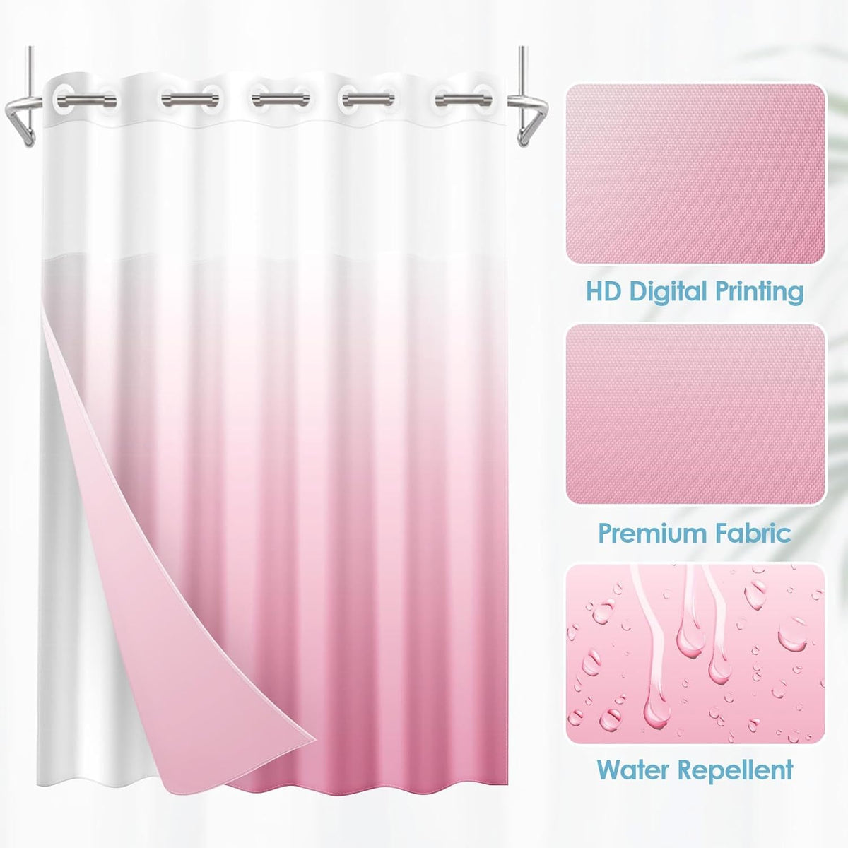 No Hook Shower Curtain with Snap in Liner 71x74 Inch Ombre Pink