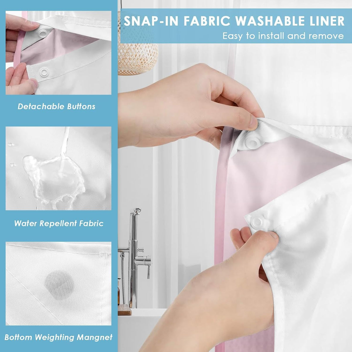 No Hook Shower Curtain with Snap in Liner 71x74 Inch Ombre Pink