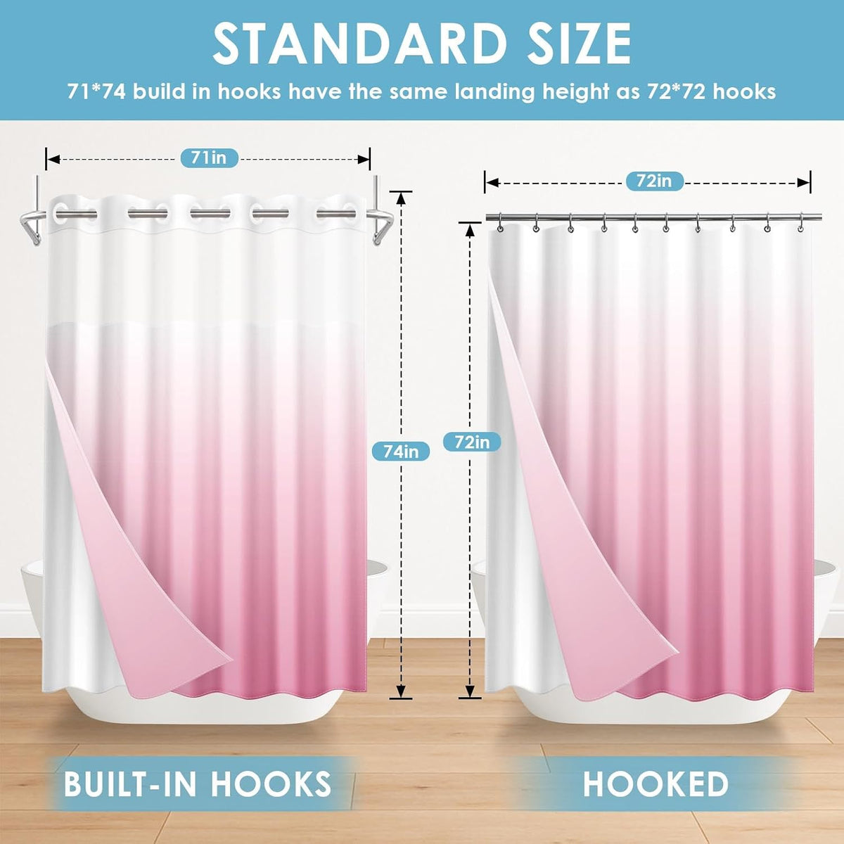 No Hook Shower Curtain with Snap in Liner 71x74 Inch Ombre Pink