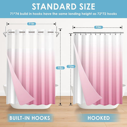 No Hook Shower Curtain with Snap in Liner 71x74 Inch Ombre Pink