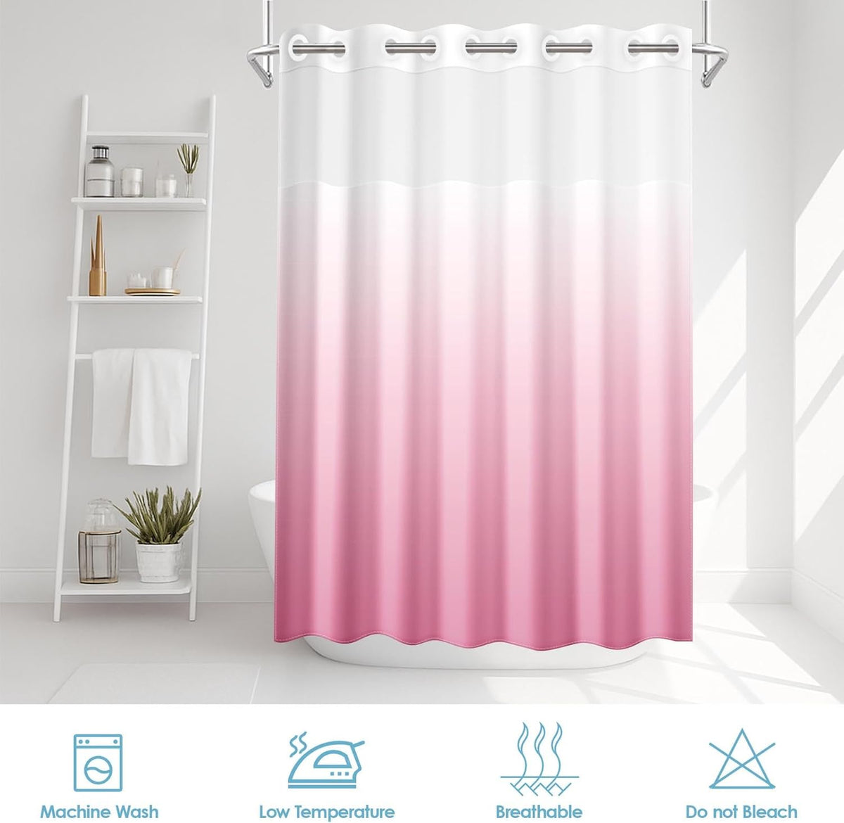 No Hook Shower Curtain with Snap in Liner 71x74 Inch Ombre Pink