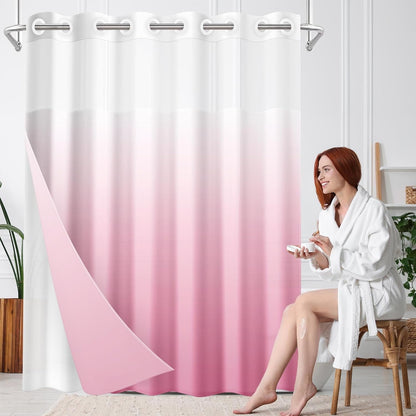 No Hook Shower Curtain with Snap in Liner 71x74 Inch Ombre Pink