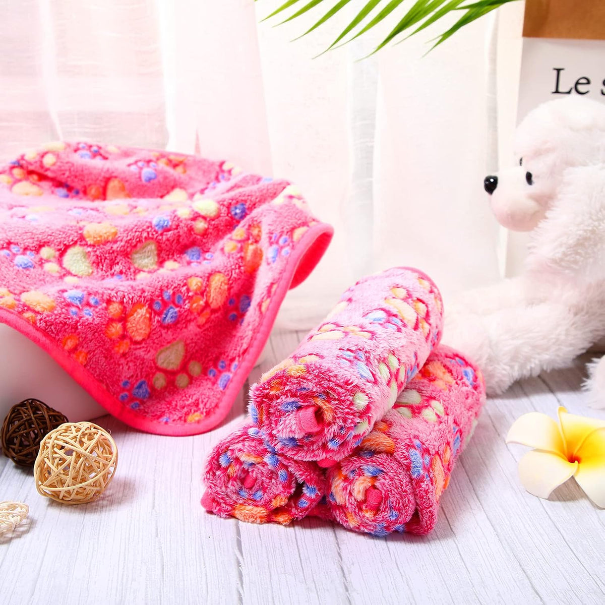 4 Pack Fleece Dog Blanket for Pet,Pink,24 x 16 Inch,Paw