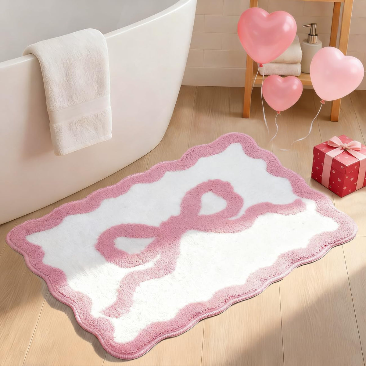 Pink Bow Bathroom Rugs Cute Scalloped Bow Bath Mat, 24" x 35"