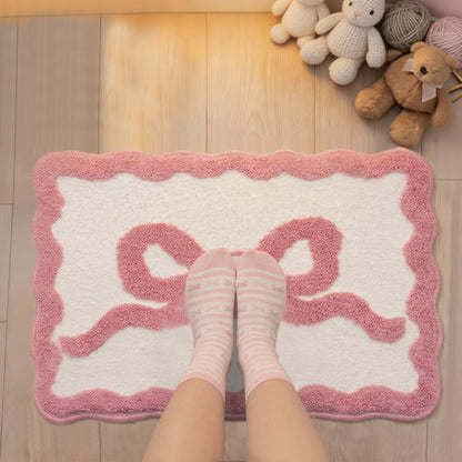 Pink Bow Bathroom Rugs Cute Scalloped Bow Bath Mat, 24" x 35"