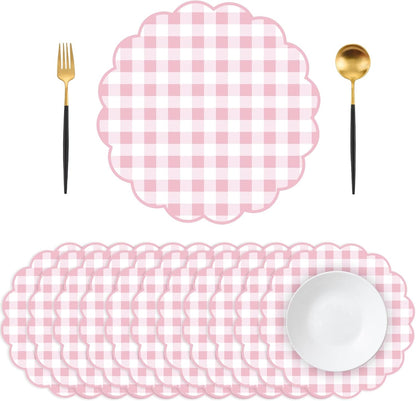 50Pcs Checkered Paper Placemats Pink Gingham Place Mats 13.5 Inch Scalloped Checkered Place Mats Disposable Table Placemats for Table Setting BBQ Baby Shower Wedding Bridal Banquet Tea Party