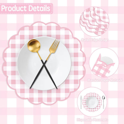 50Pcs Checkered Paper Placemats Pink Gingham Place Mats 13.5 Inch Scalloped Checkered Place Mats Disposable Table Placemats for Table Setting BBQ Baby Shower Wedding Bridal Banquet Tea Party
